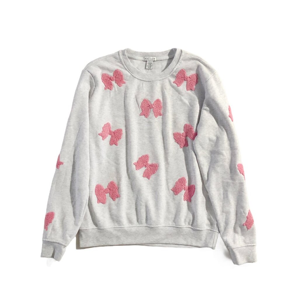 Better / Together Sweatshirt Womens L Gray Pink Coquette Bows Crewneck Pullover